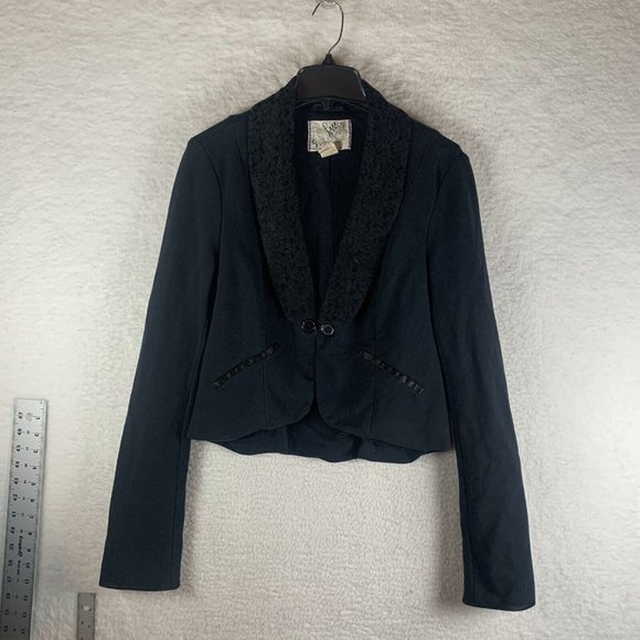 Free People Blazer Jacket‎ Women's Medium Black Cropped Lace Notch Lapel 7656 - Picture 1 of 9